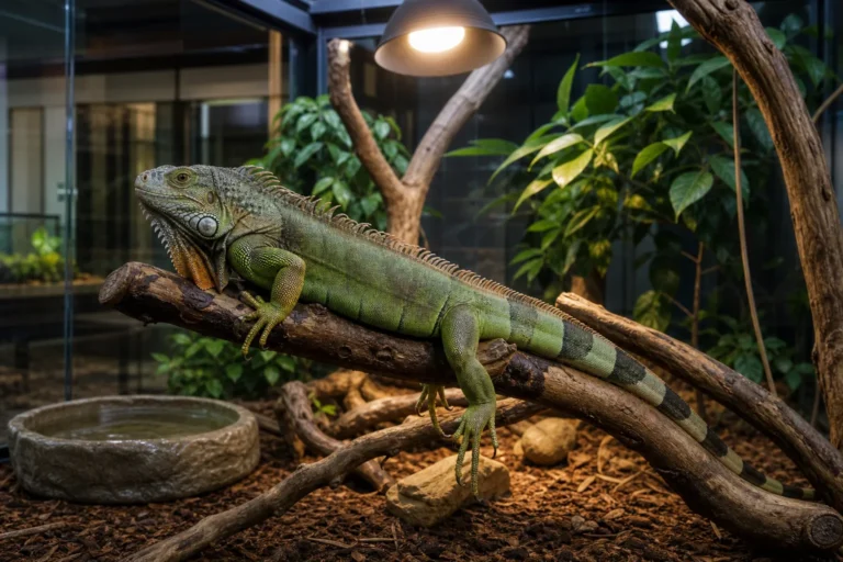 Adult green iguana on branches in a spacious, well-equipped enclosure with basking area and water bowl