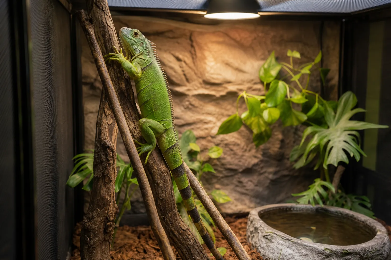 Green iguana climbing branches in a tall planted vivarium