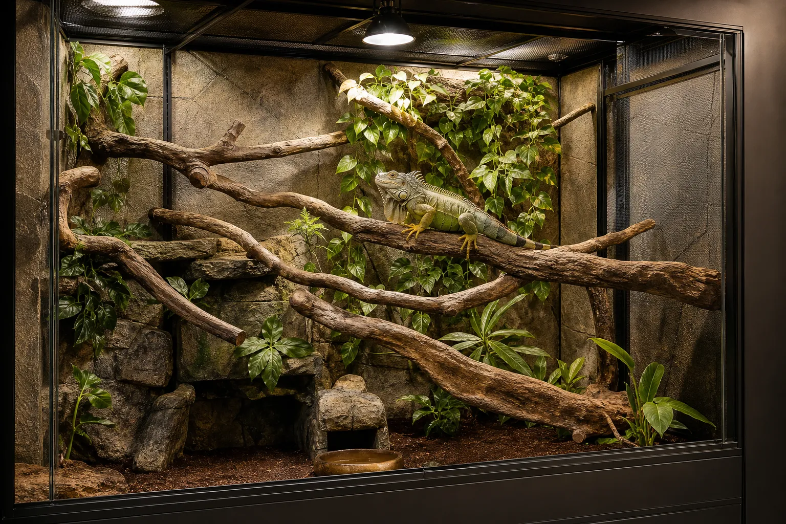 Iguana enclosure interior with climbing routes and basking area