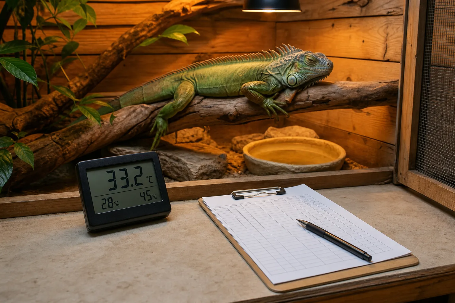Iguana resting in its enclosure