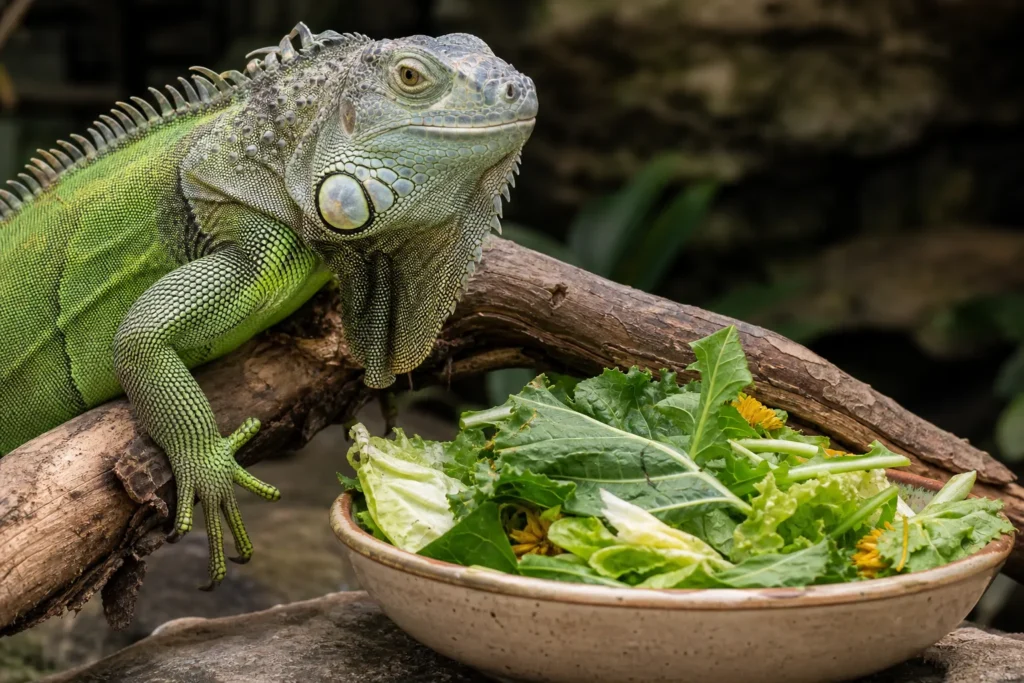 Green iguana beside a bowl of leafy salad