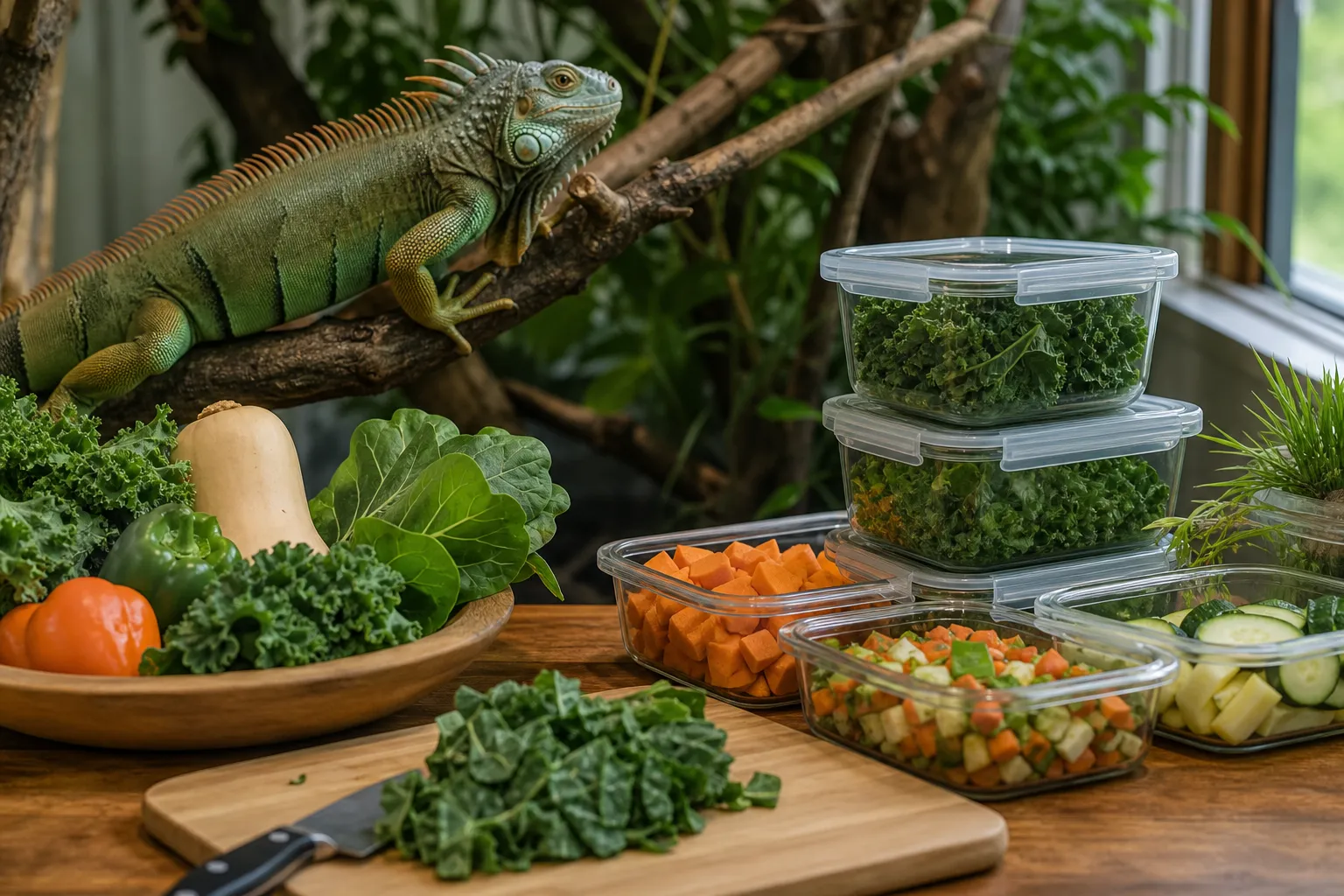 Prep station with chopped leafy greens