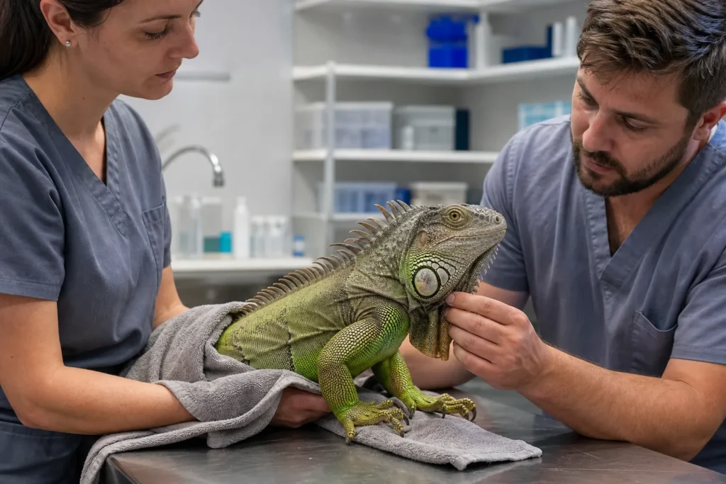 Iguana on exam table being gently restrained by clinic staff