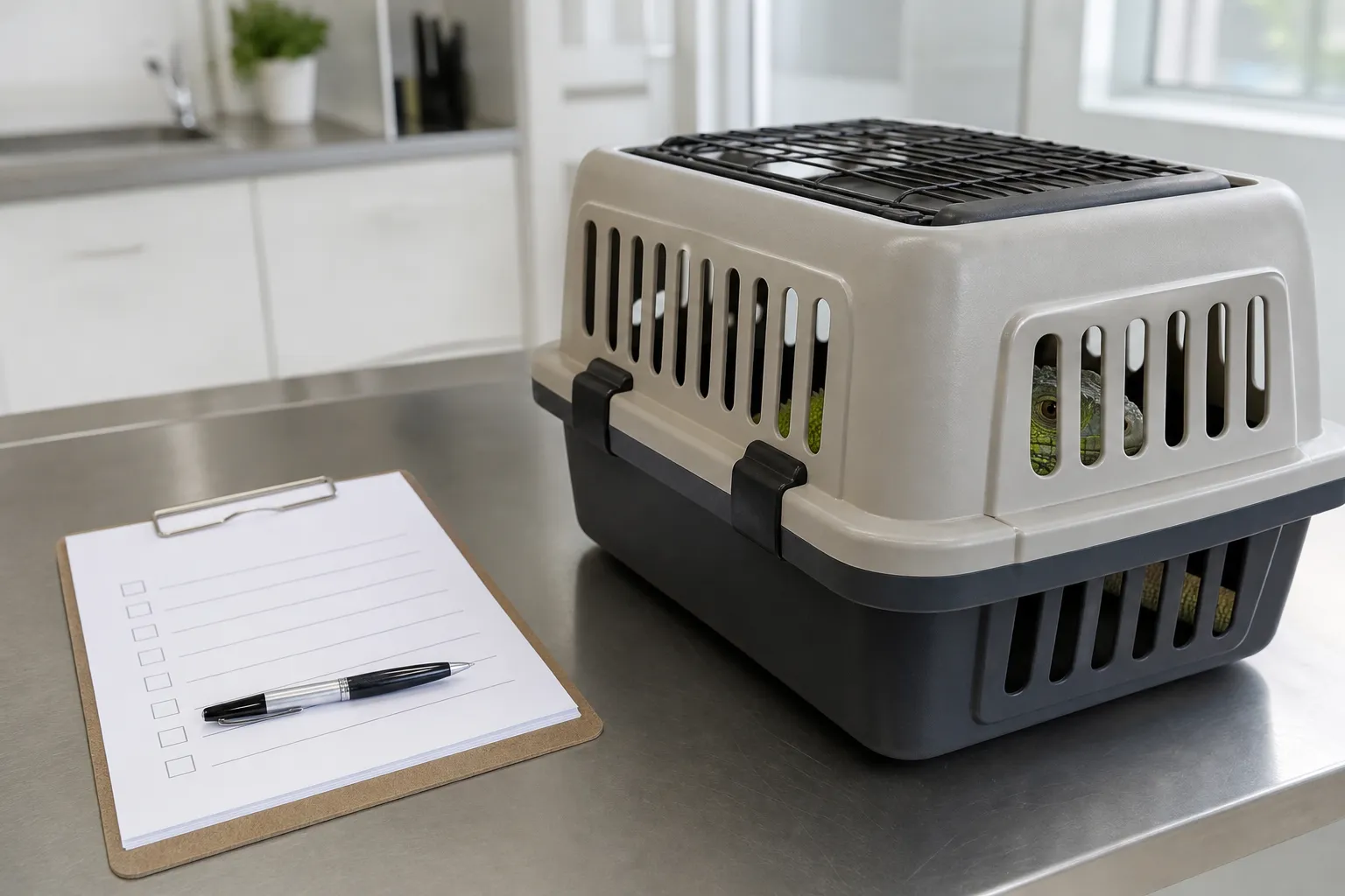 Appointment checklist next to a reptile transport carrier