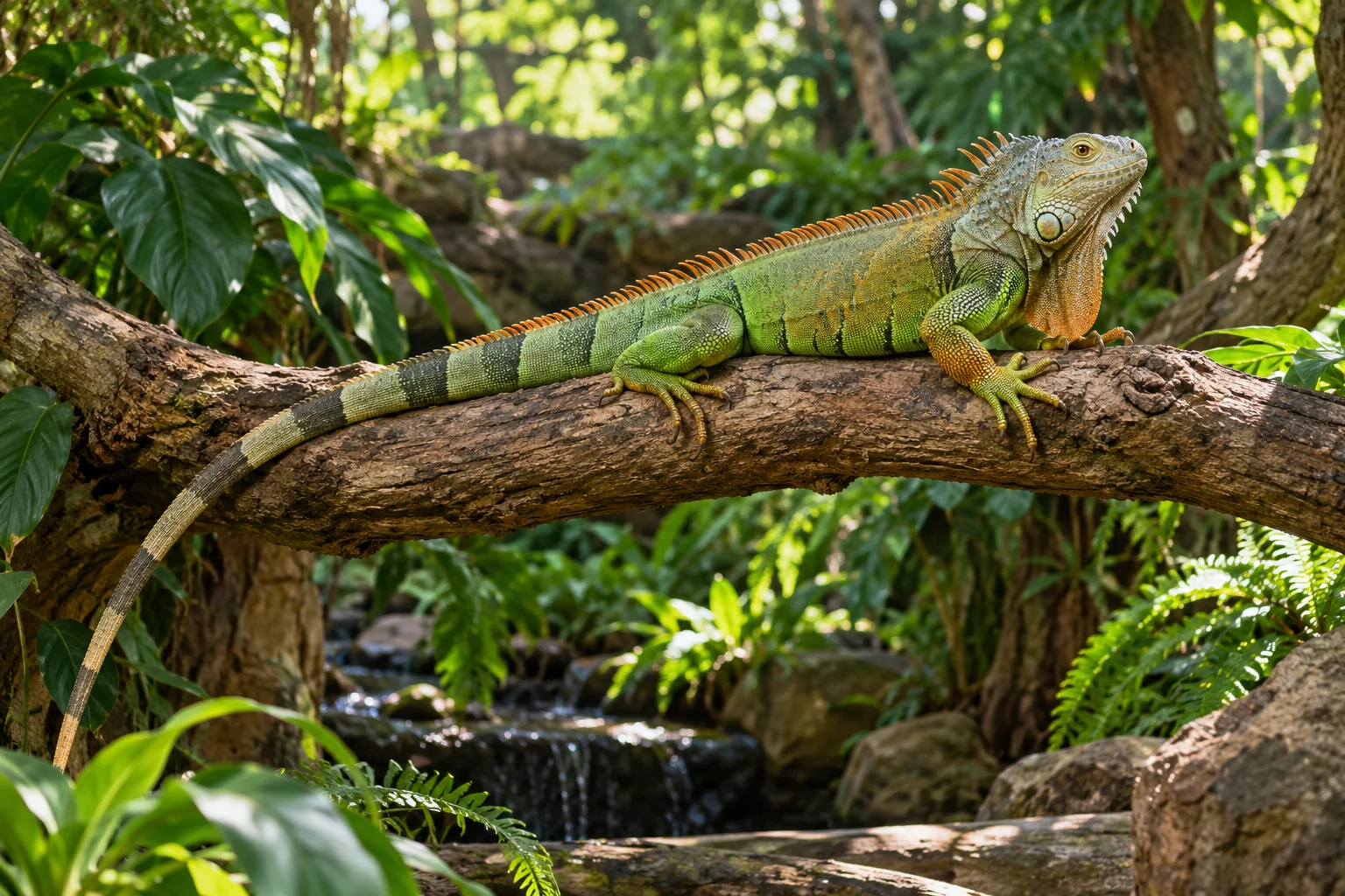 Green iguana resting on a sturdy branch among tropical leaves