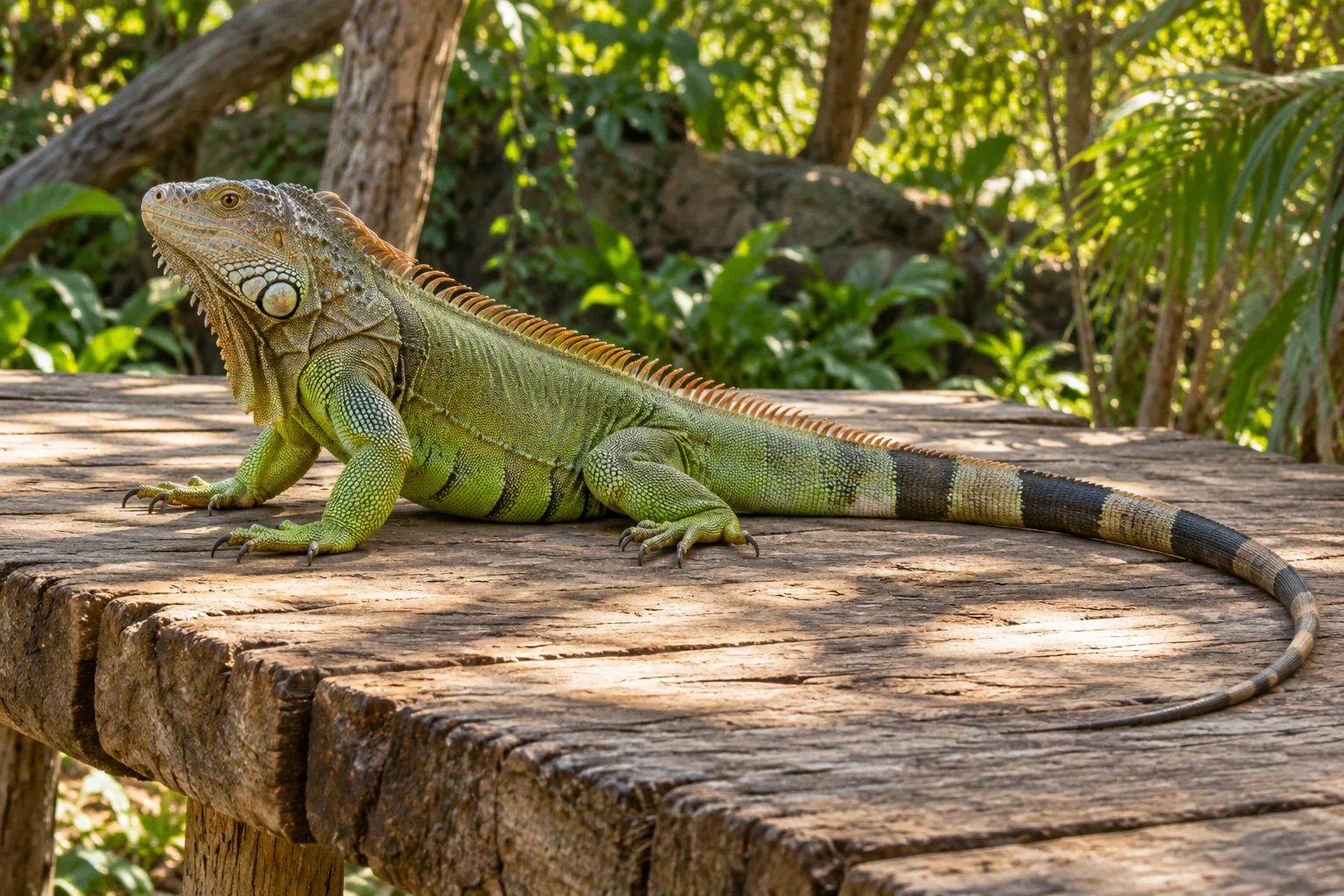 Green iguana resting on a broad wooden platform