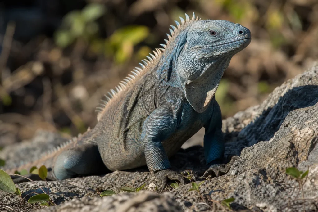 Grand Cayman blue iguana basking on rocky coastal scrubland