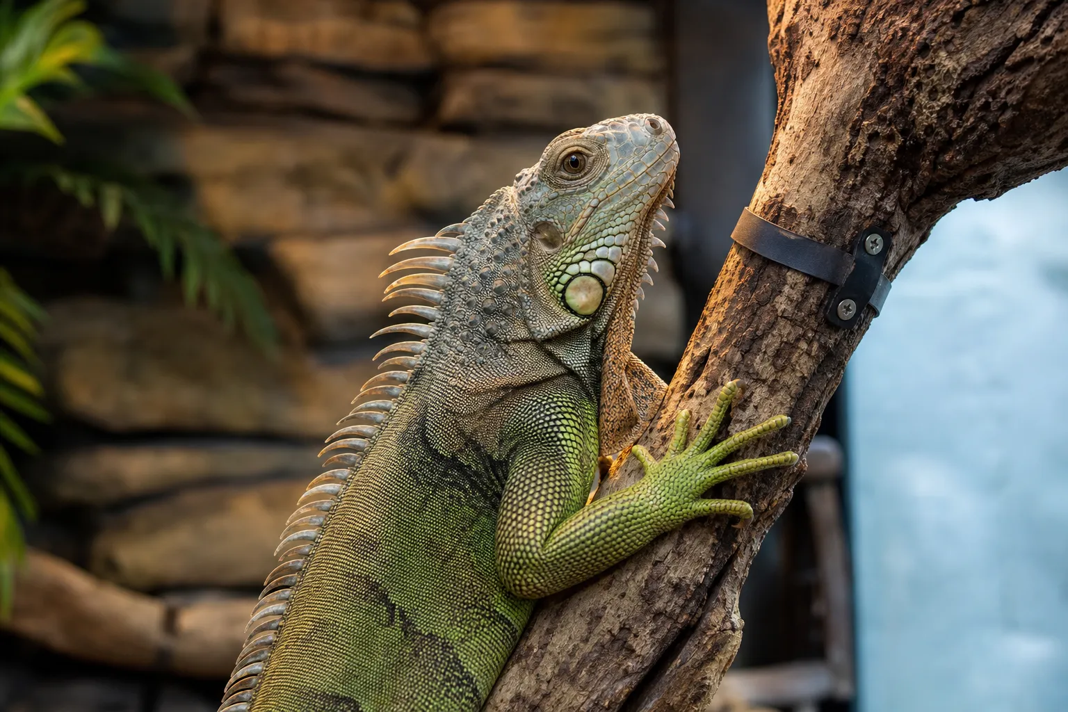 Iguana climbing a textured branch