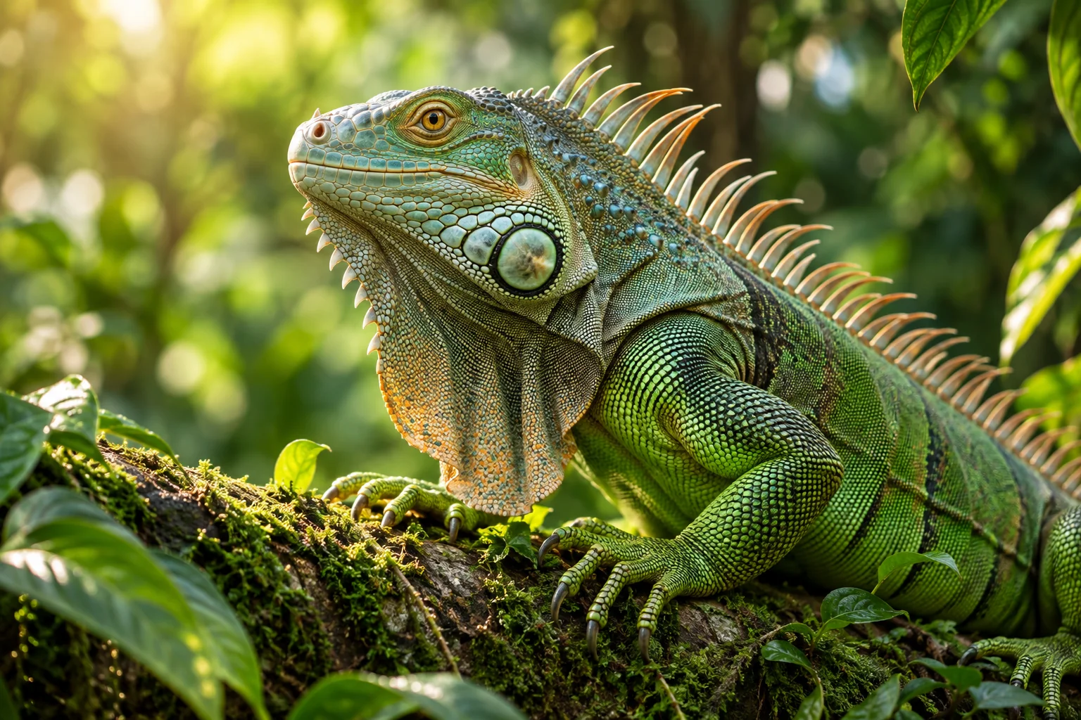 Green iguana with an amber eye resting on a mossy tropical branch