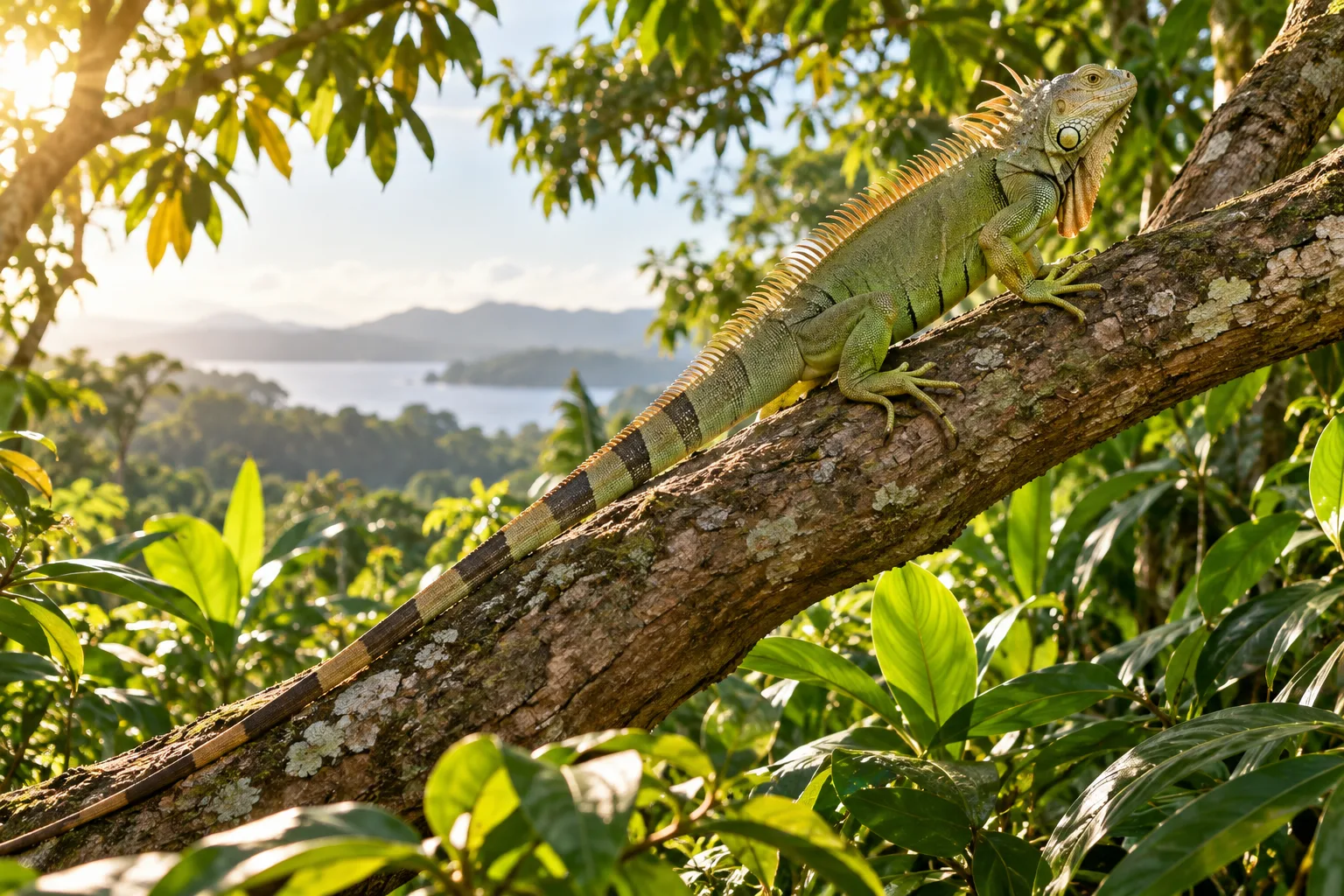 Adult green iguana with a long tail climbing a sturdy branch among tropical leaves