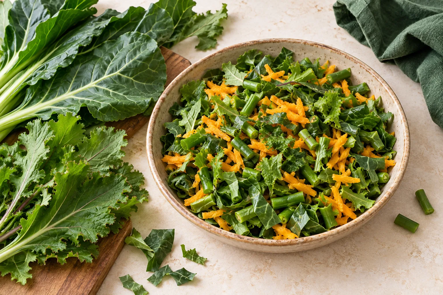 Chopped leafy greens with squash and green beans in a shallow iguana feeding dish