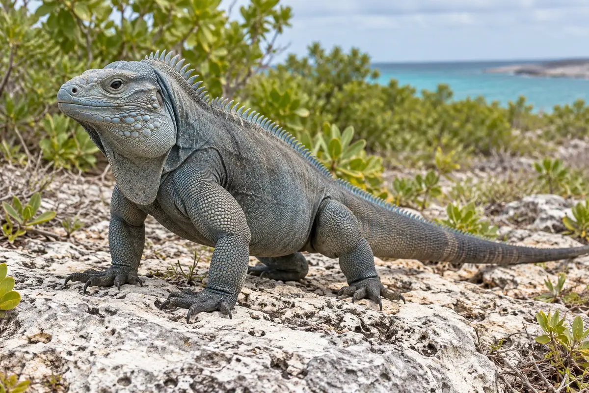 Grand Cayman blue iguana on limestone beside coastal scrub