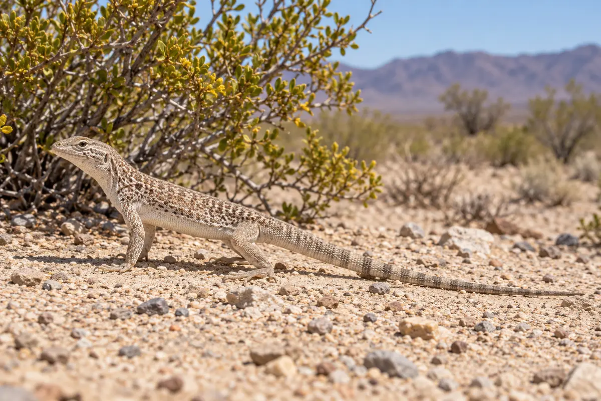 Desert iguana on sandy ground near a creosote bush