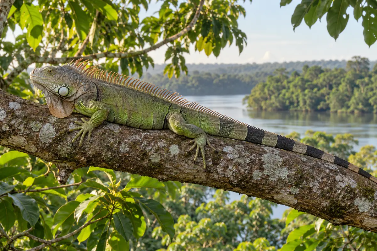 Green iguana on a broad branch above a tropical river