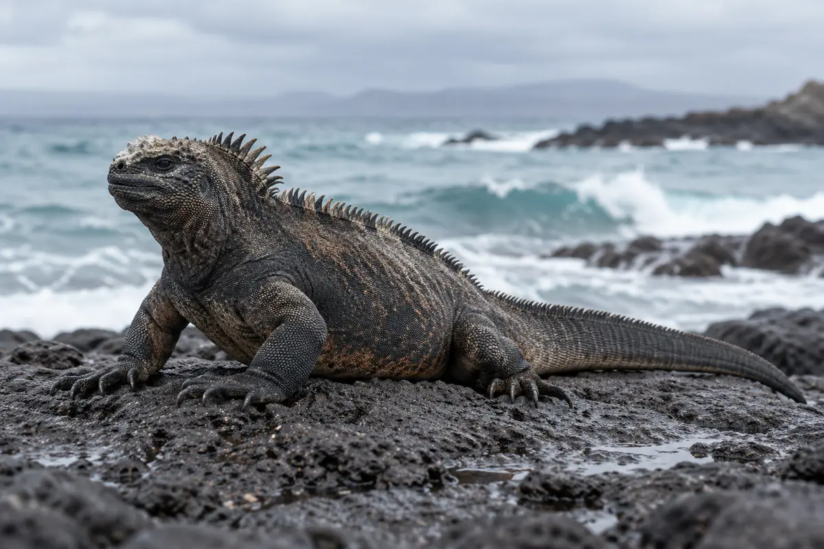 Marine iguana on dark coastal lava beside the sea