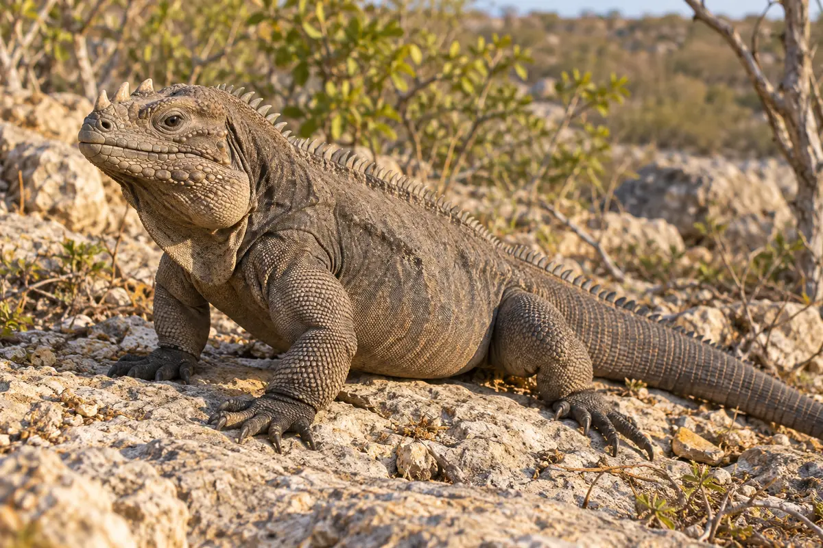 Rhinoceros iguana resting on pale rocks in dry scrub